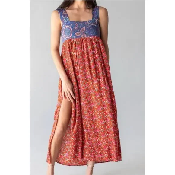 New Natural Life Tricia red and blue mixed floral maxi dress XL Cottagecore Boho - Picture 1 of 10